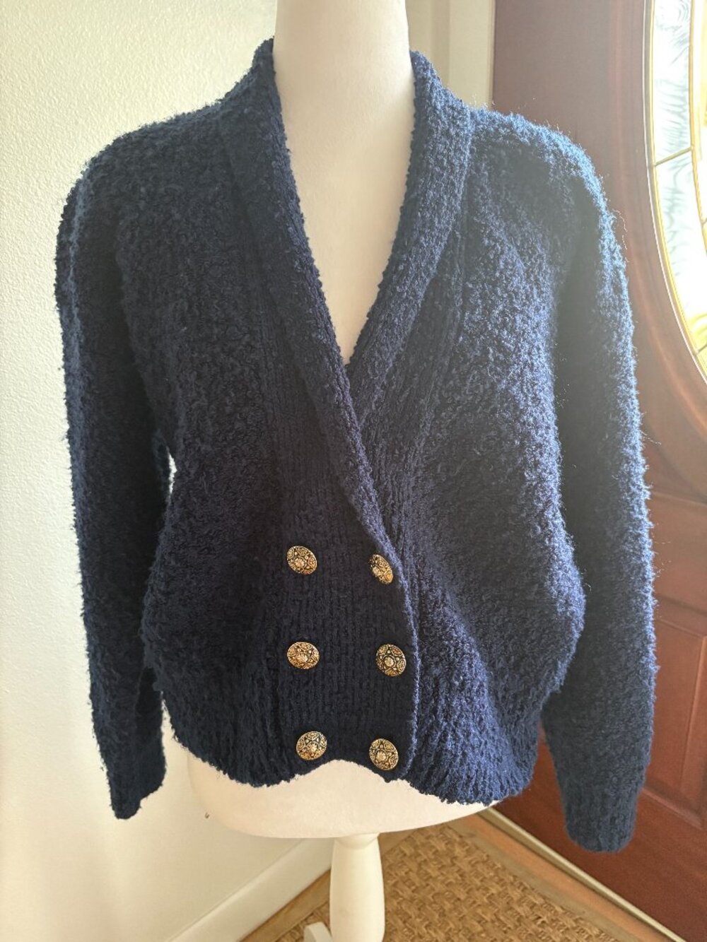 Segue Brand Women's Heavy Thick Double Button Navy Blue Sweater Short Size M